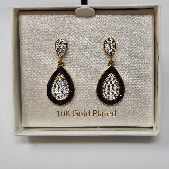 Black Clear Crystal 10K Gold Plated Dangle Drop Post Earrings Pierced Teardrop - Picture 1 of 6